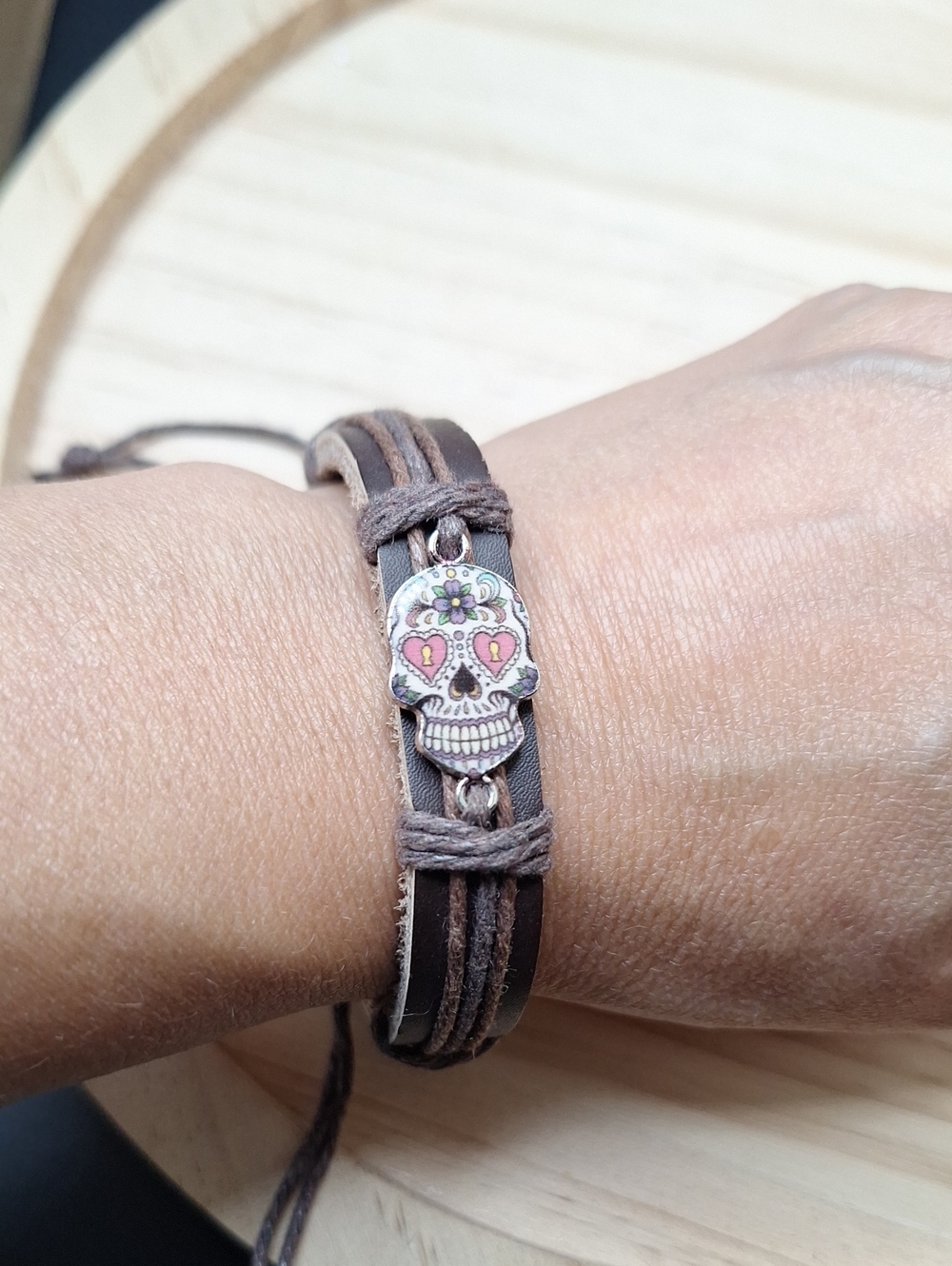 Brown Leather Bracelet with Pink Sugar Skull Charm